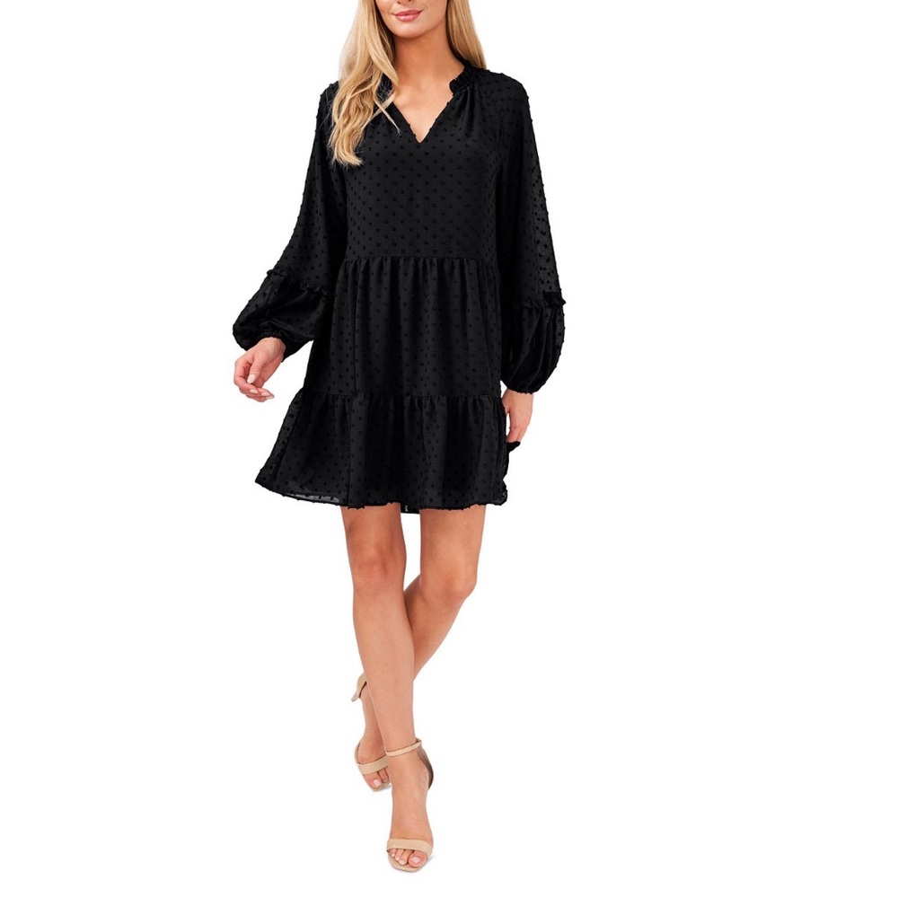 Cece Women's Long Sleeve V-Neck Ruffled Clip-Dot Dress Sz M NWT Over $100 retail